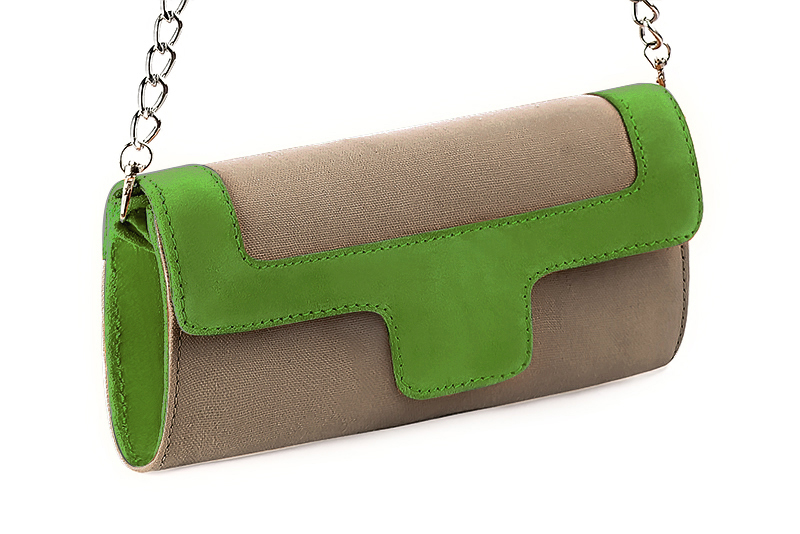 Women's tan beige and grass green luxurious elegant clutch for ceremonies, weddings and evenings out. - Front view